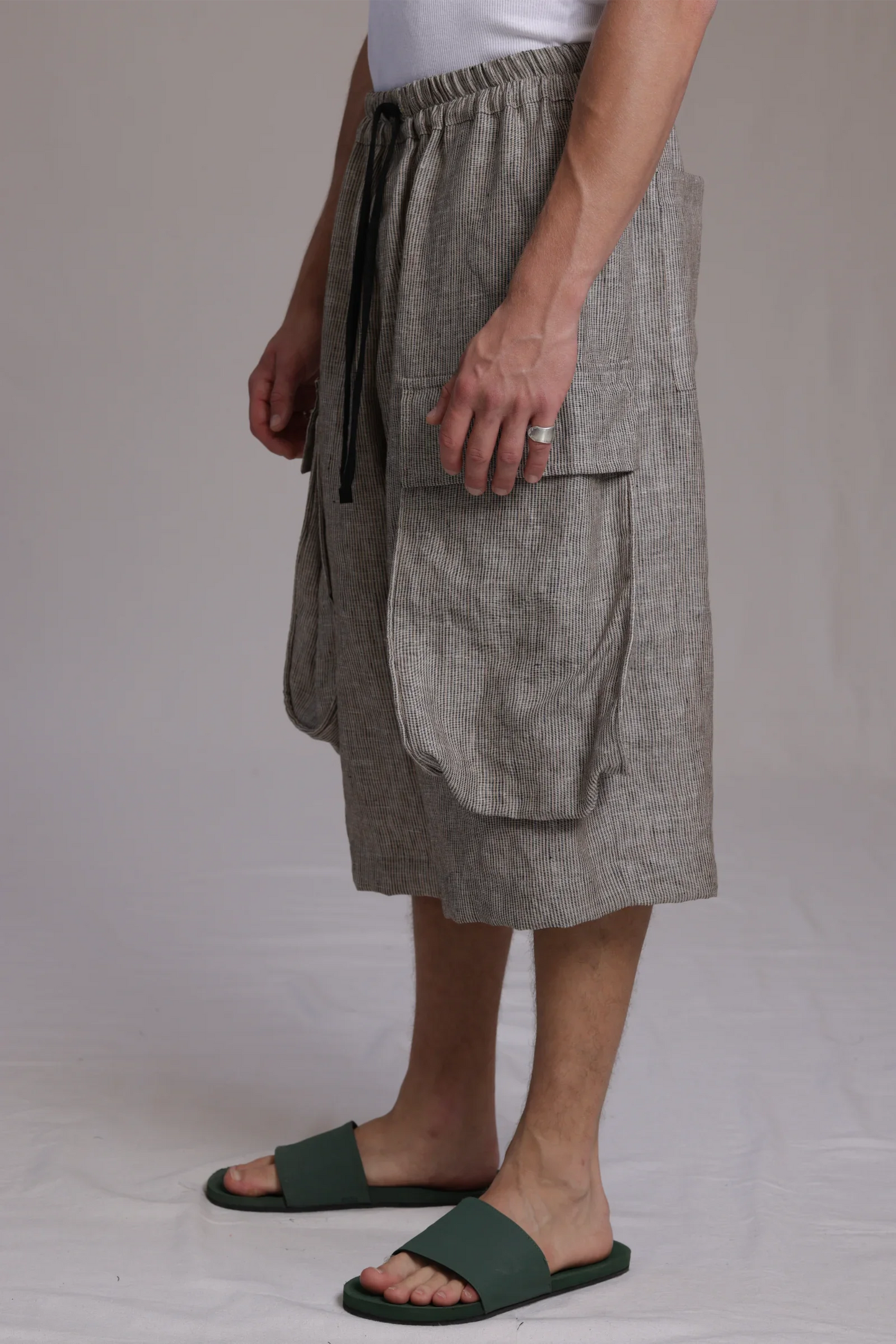 ALBI Yu Pants, oversized cotton cargo shorts with large utility pockets