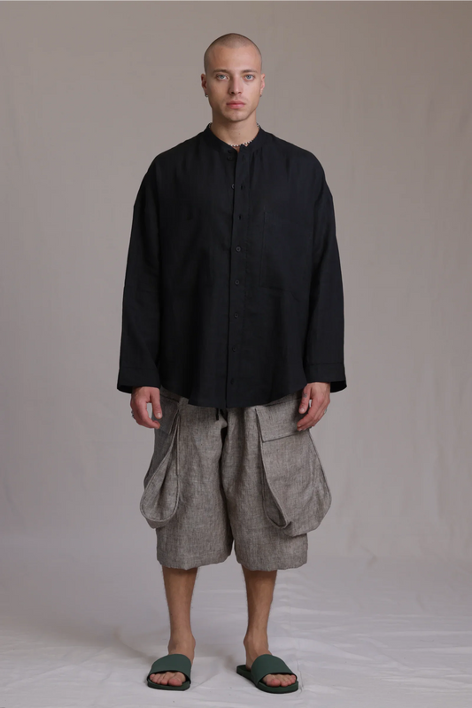 ALBI Hikari Shirt, an oversized linen band collar shirt with tonal hand-stitched detailing