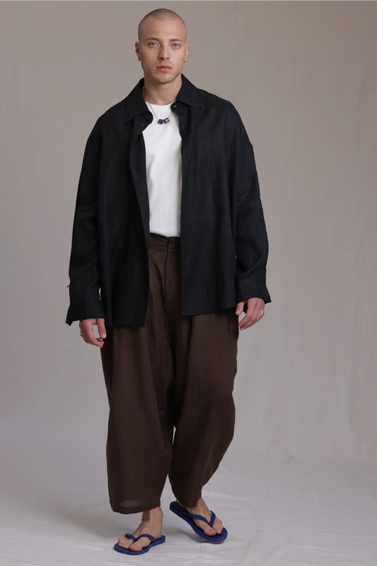 ALBI Iki Pants, oversized pleated linen trousers with hand-stitched flap pockets