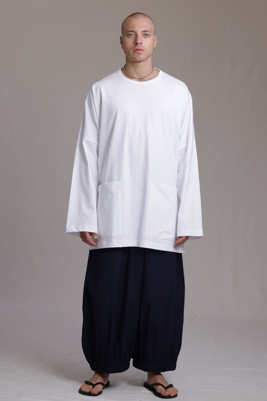 ALBI Tsuki Shirt, an oversized long sleeve cotton jersey tee with patch pockets and side slits