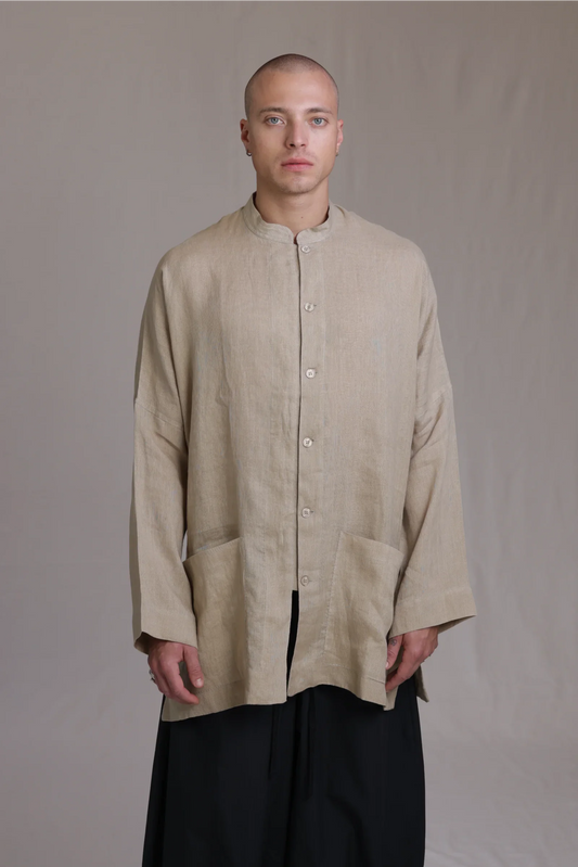 ALBI Chowa Shirt, a long oversized linen band collar shirt with low patch pockets