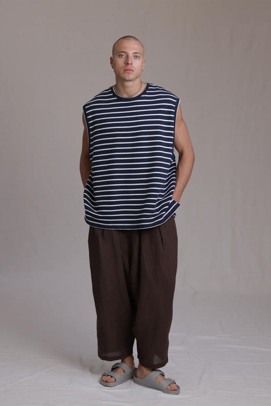 ALBI Fudo Shirt, an oversized sleeveless striped French terry tee