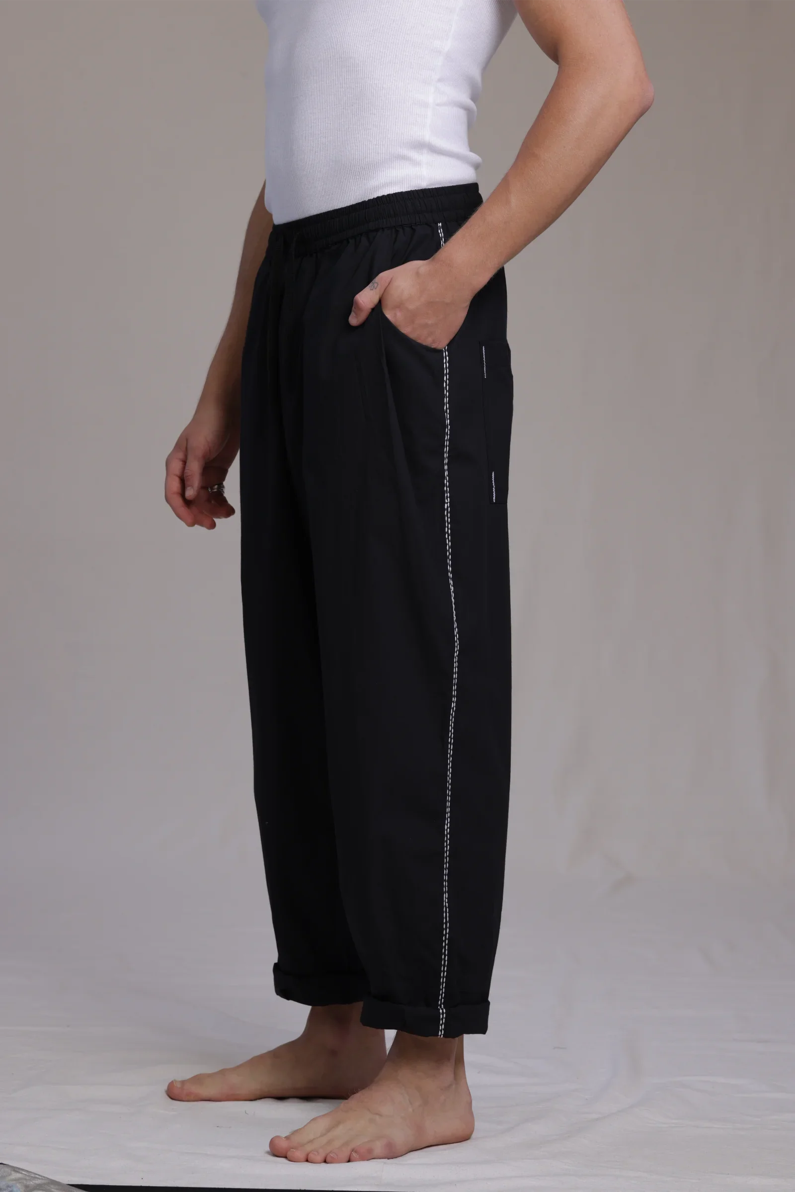 ALBI Ela Pants, oversized cotton poplin drawstring trousers with hand-stitched detailing