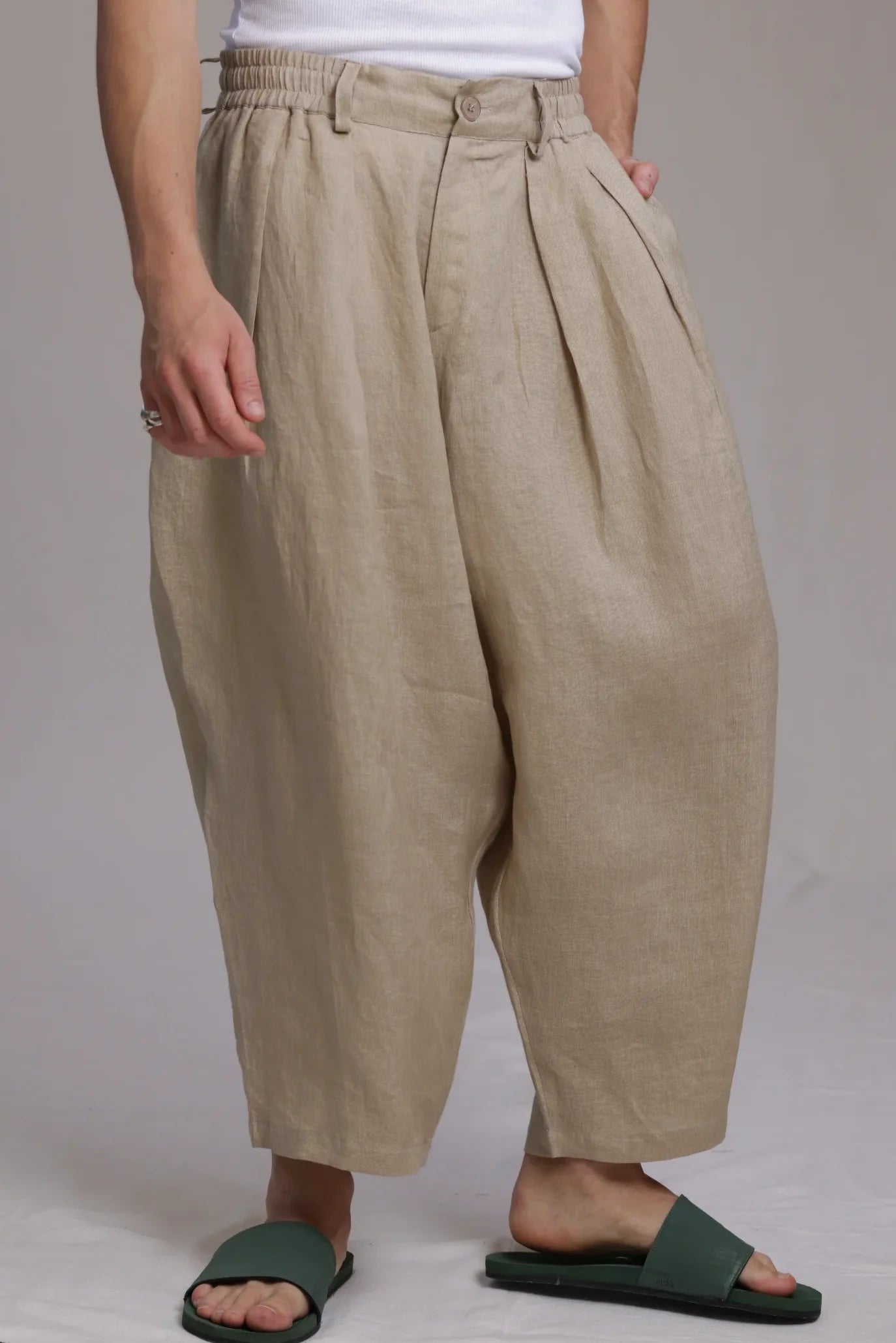 ALBI Iki Pants, oversized pleated linen trousers with hand-stitched flap pockets