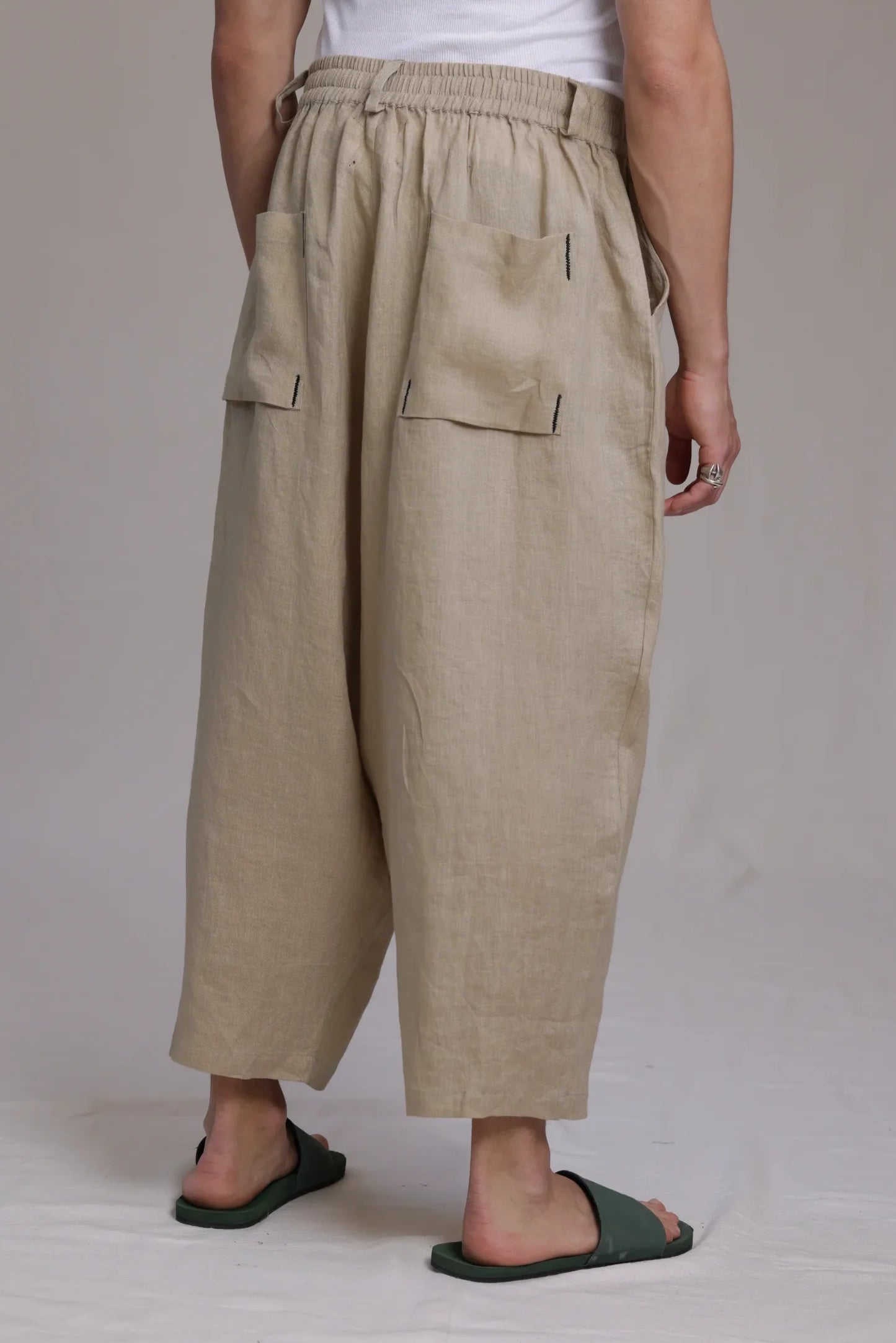 ALBI Iki Pants, oversized pleated linen trousers with hand-stitched flap pockets