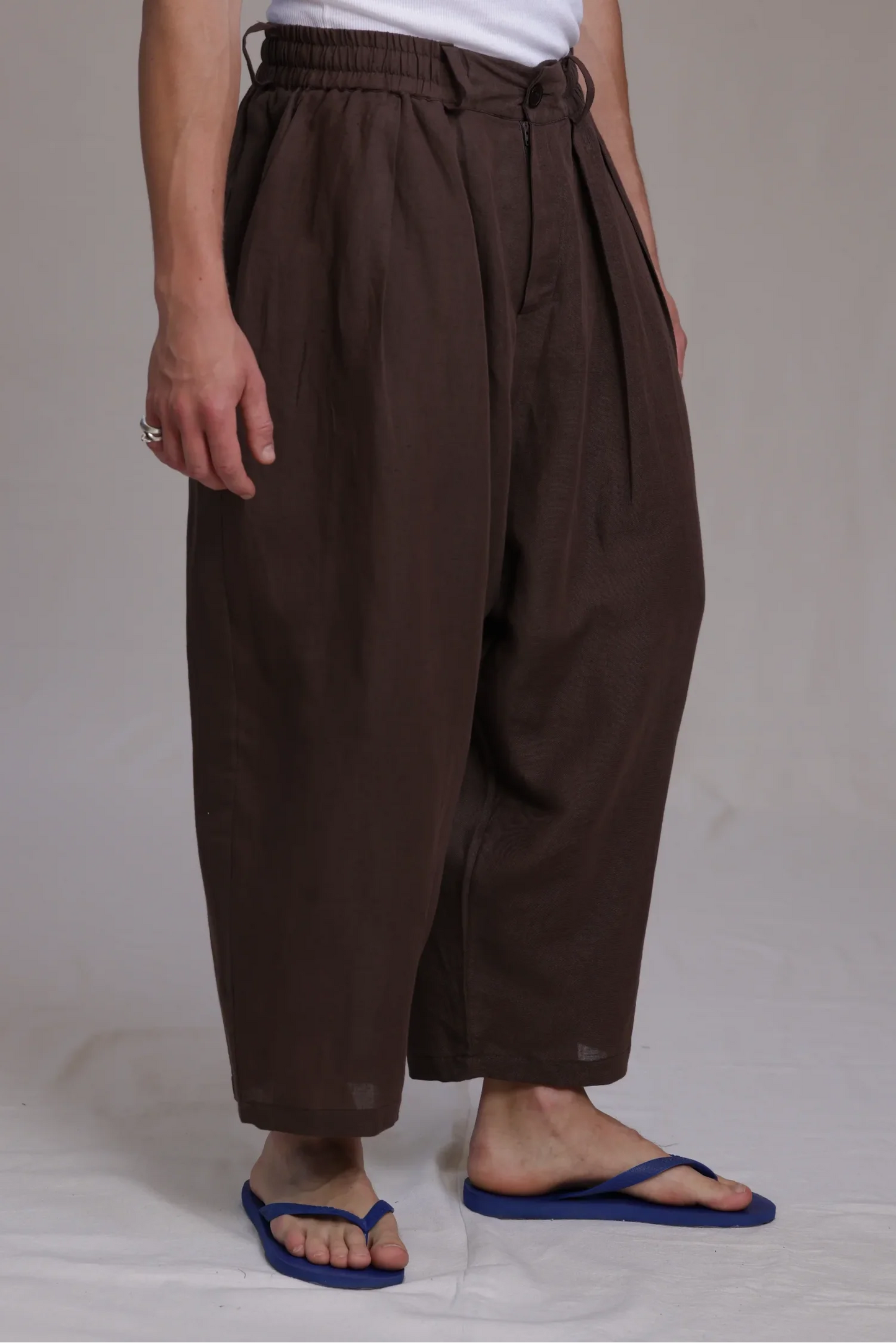 ALBI Iki Pants, oversized pleated linen trousers with hand-stitched flap pockets