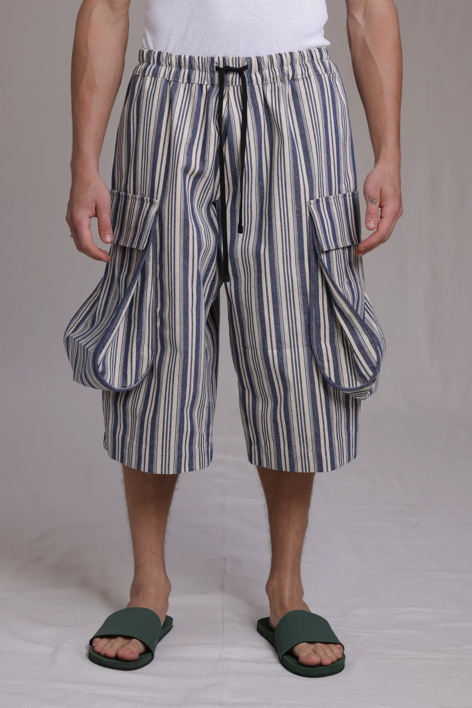 ALBI Yu Pants, oversized cotton cargo shorts with large utility pockets