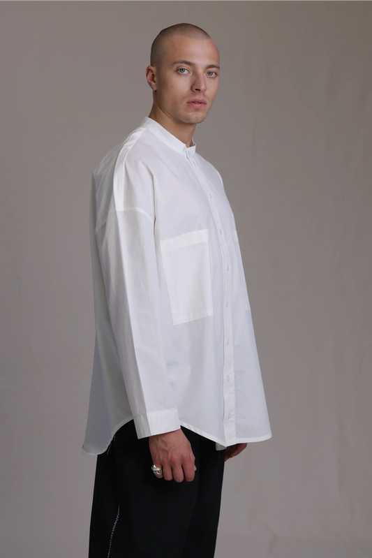 ALBI Rin Shirt, an oversized cotton poplin band collar shirt with tonal hand-stitched detailing