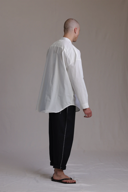 ALBI Rin Shirt, an oversized cotton poplin band collar shirt with tonal hand-stitched detailing