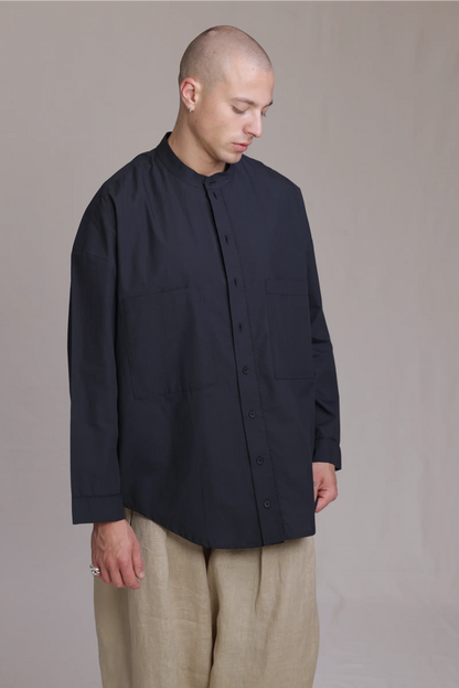 ALBI Rin Shirt, an oversized cotton poplin band collar shirt with tonal hand-stitched detailing