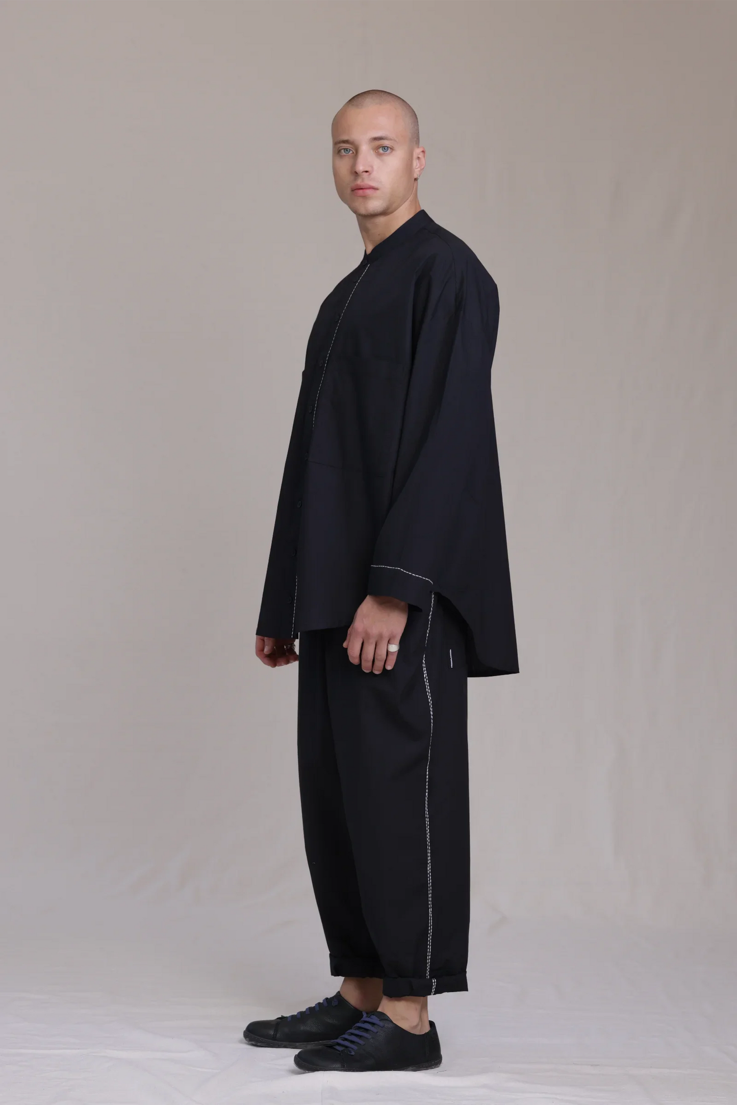 ALBI Zen Shirt, an oversized cotton poplin band collar shirt with hand-stitched detailing