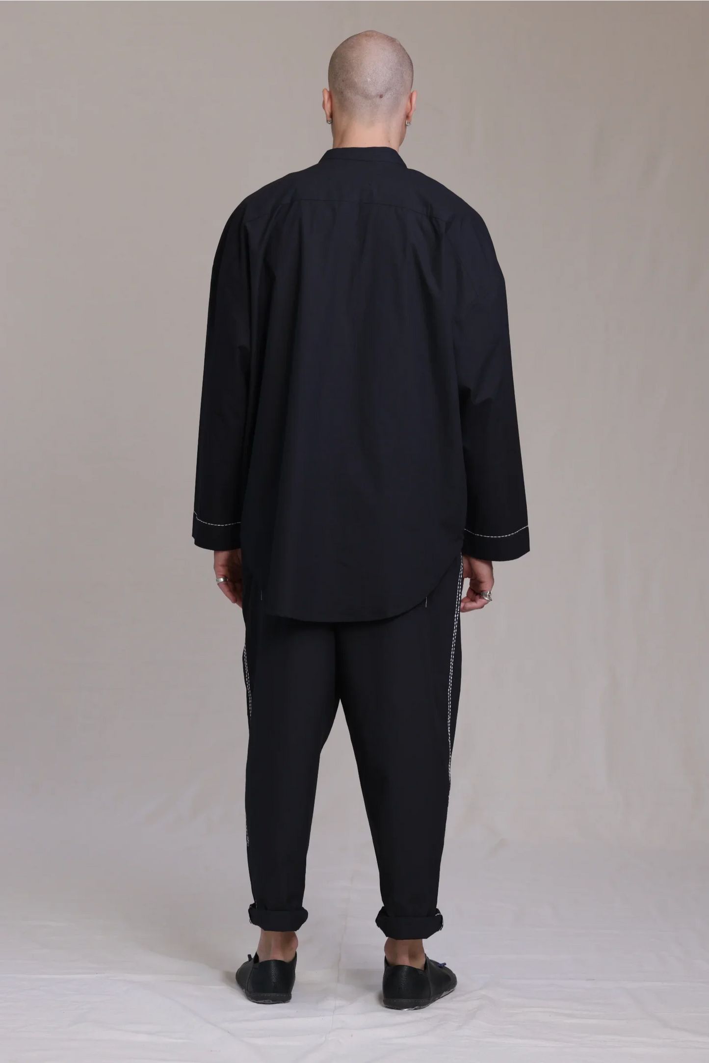 ALBI Zen Shirt, an oversized cotton poplin band collar shirt with hand-stitched detailing