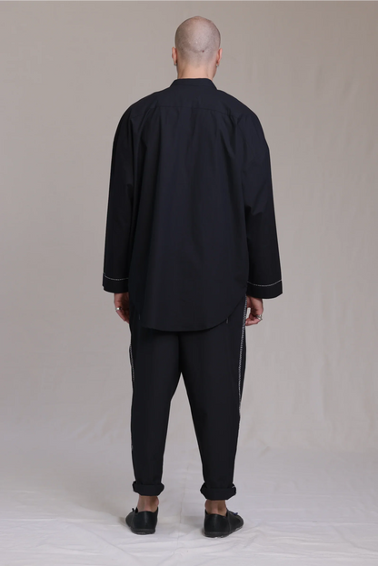 ALBI Zen Shirt, an oversized cotton poplin band collar shirt with hand-stitched detailing