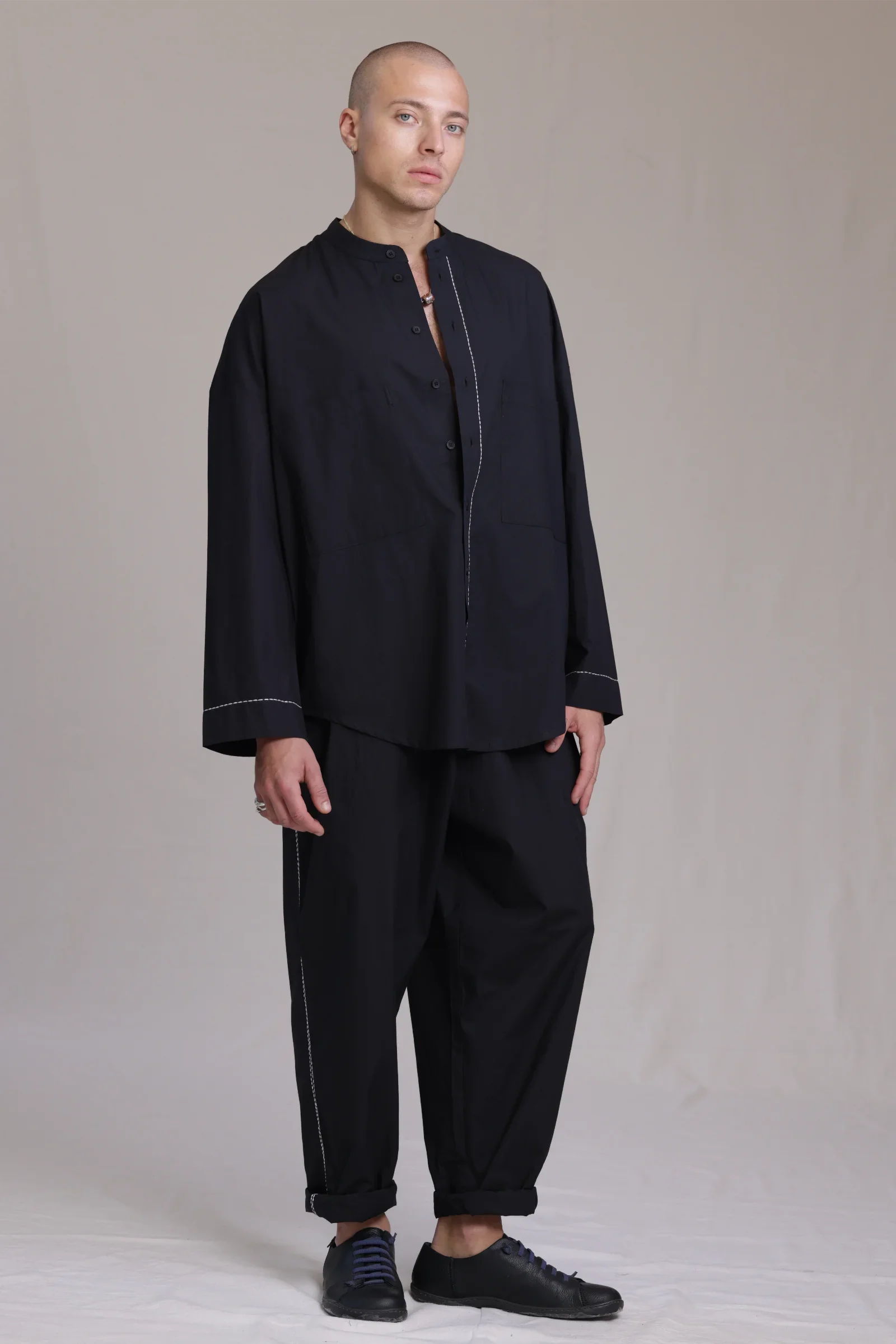ALBI Zen Shirt, an oversized cotton poplin band collar shirt with hand-stitched detailing