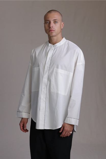 ALBI Zen Shirt, an oversized cotton poplin band collar shirt with hand-stitched detailing