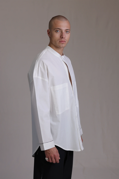 ALBI Zen Shirt, an oversized cotton poplin band collar shirt with hand-stitched detailing