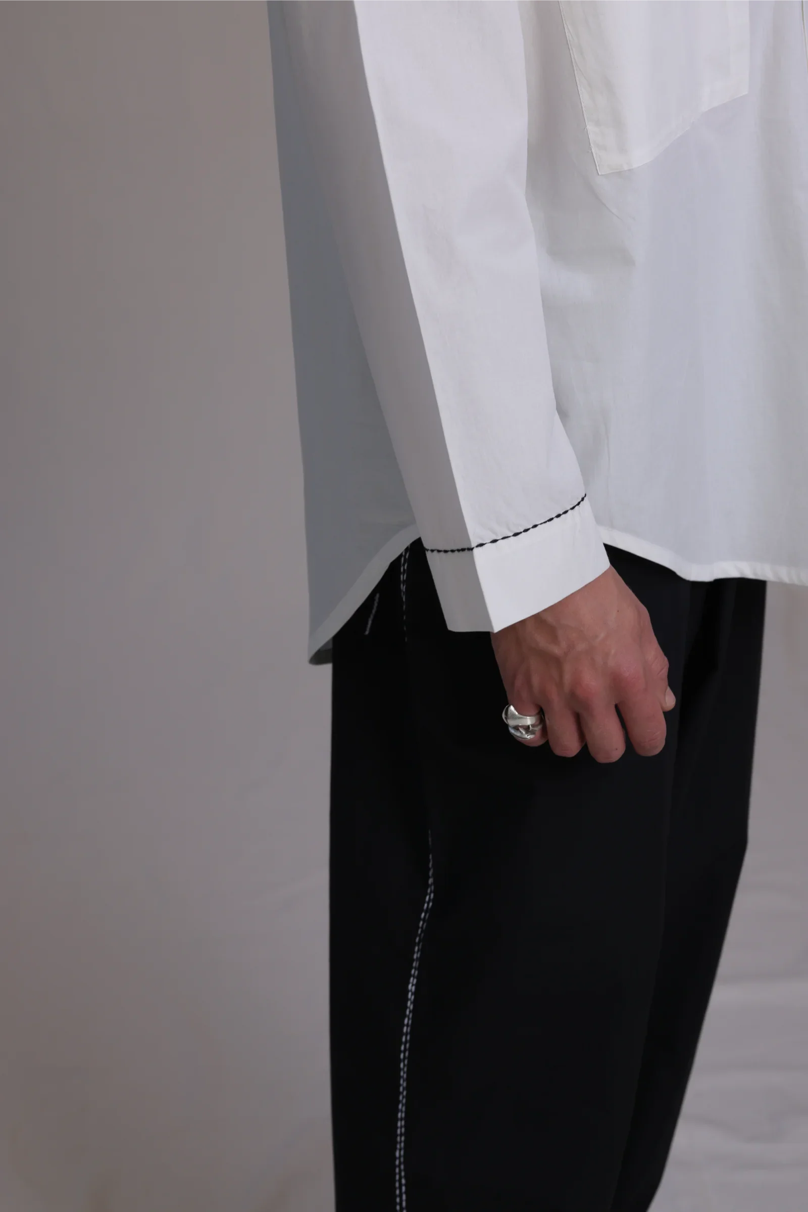 ALBI Zen Shirt, an oversized cotton poplin band collar shirt with hand-stitched detailing
