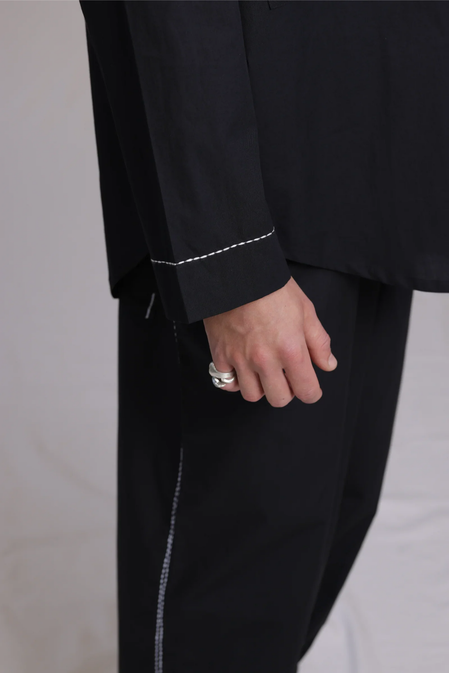ALBI Zen Shirt, an oversized cotton poplin band collar shirt with hand-stitched detailing