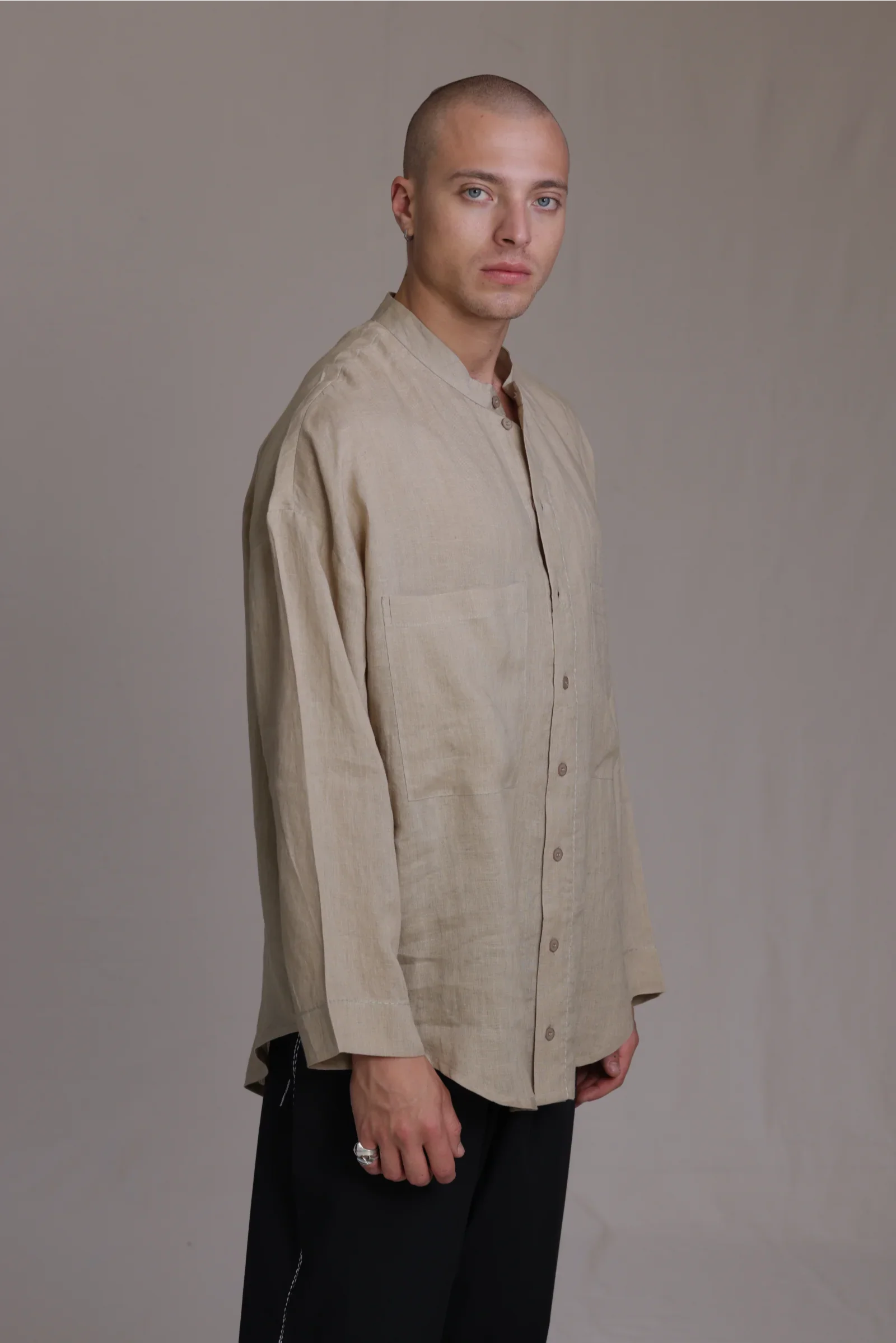 ALBI Hikari Shirt, an oversized linen band collar shirt with tonal hand-stitched detailing