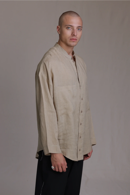 ALBI Hikari Shirt, an oversized linen band collar shirt with tonal hand-stitched detailing