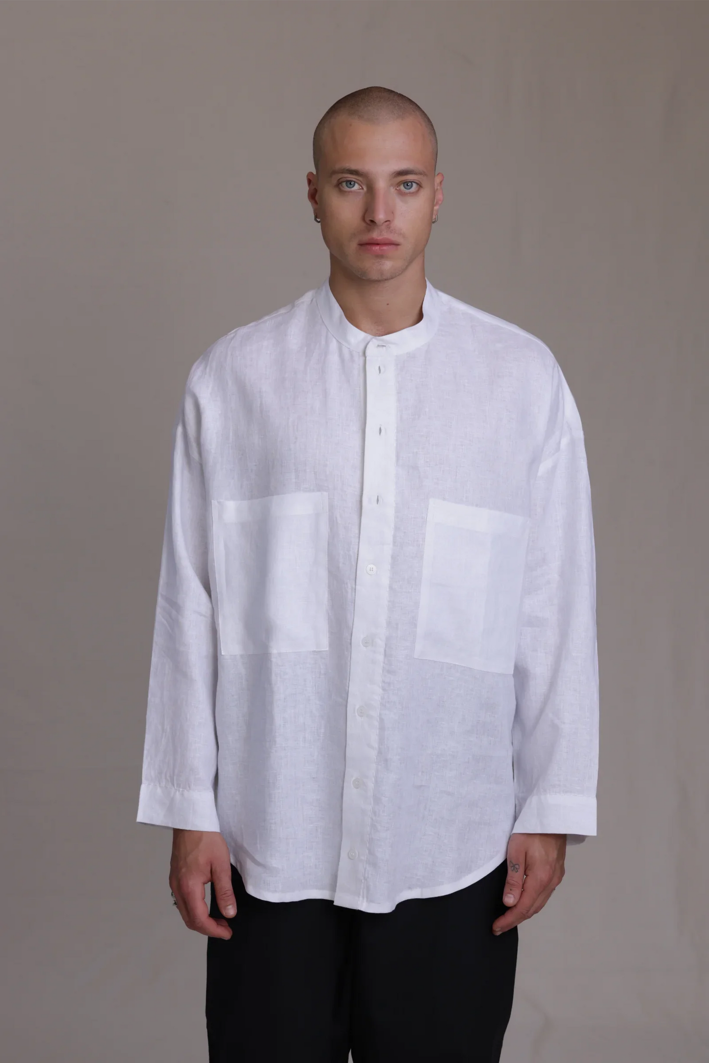 ALBI Hikari Shirt, an oversized linen band collar shirt with tonal hand-stitched detailing