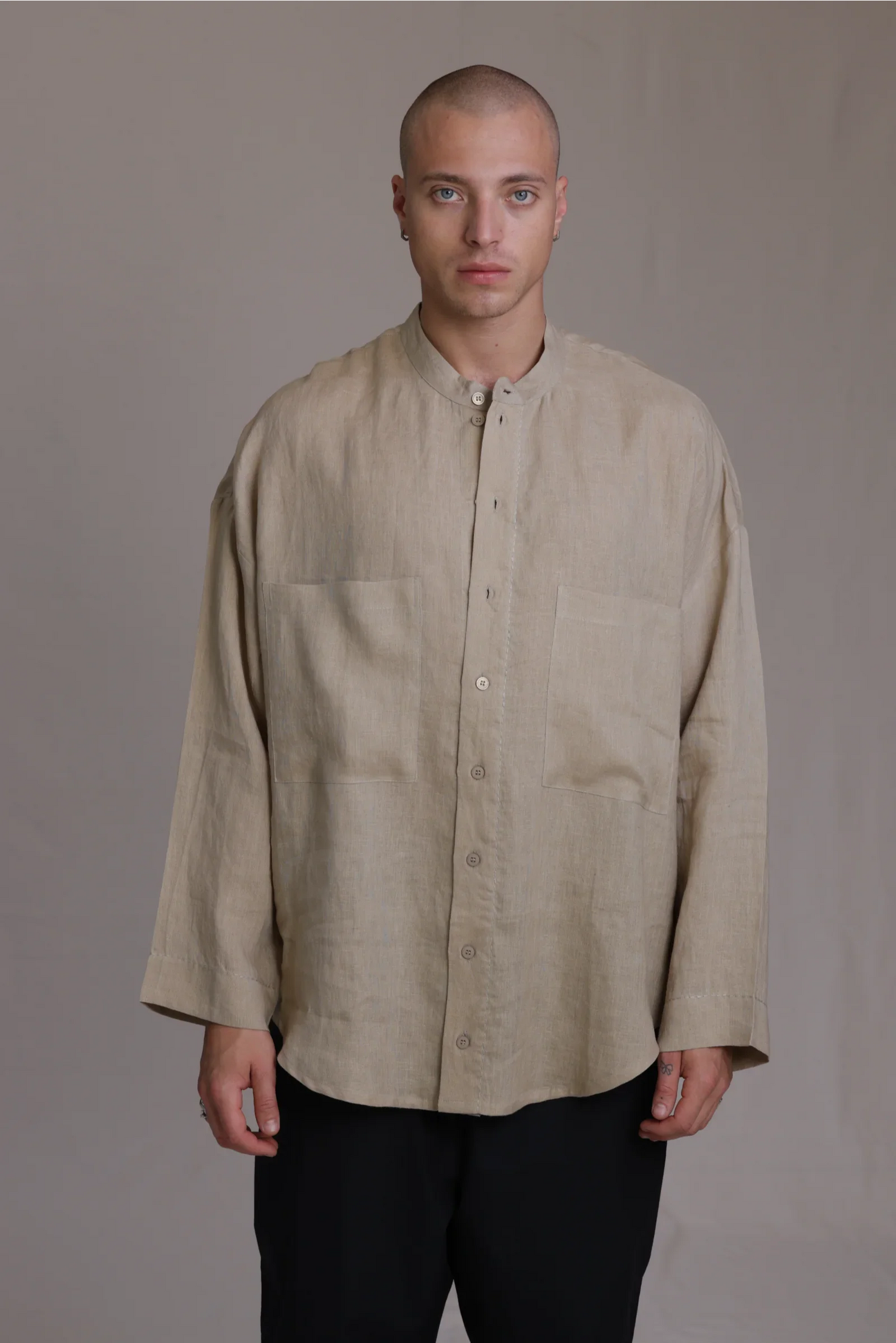ALBI Hikari Shirt, an oversized linen band collar shirt with tonal hand-stitched detailing