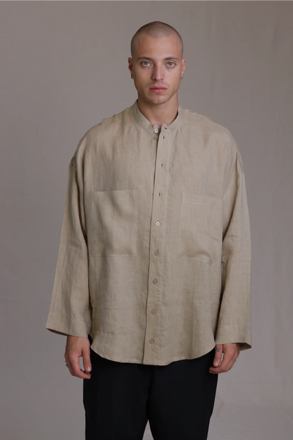 ALBI Hikari Shirt, an oversized linen band collar shirt with tonal hand-stitched detailing