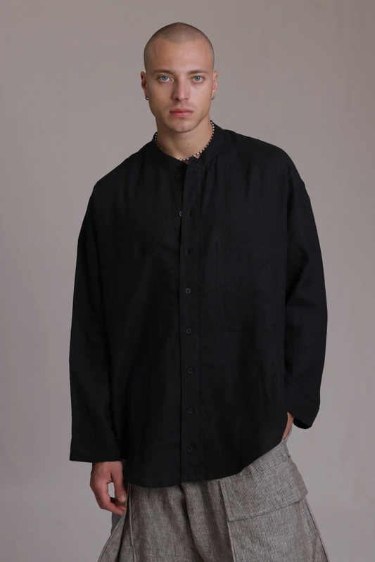 ALBI Hikari Shirt, an oversized linen band collar shirt with tonal hand-stitched detailing