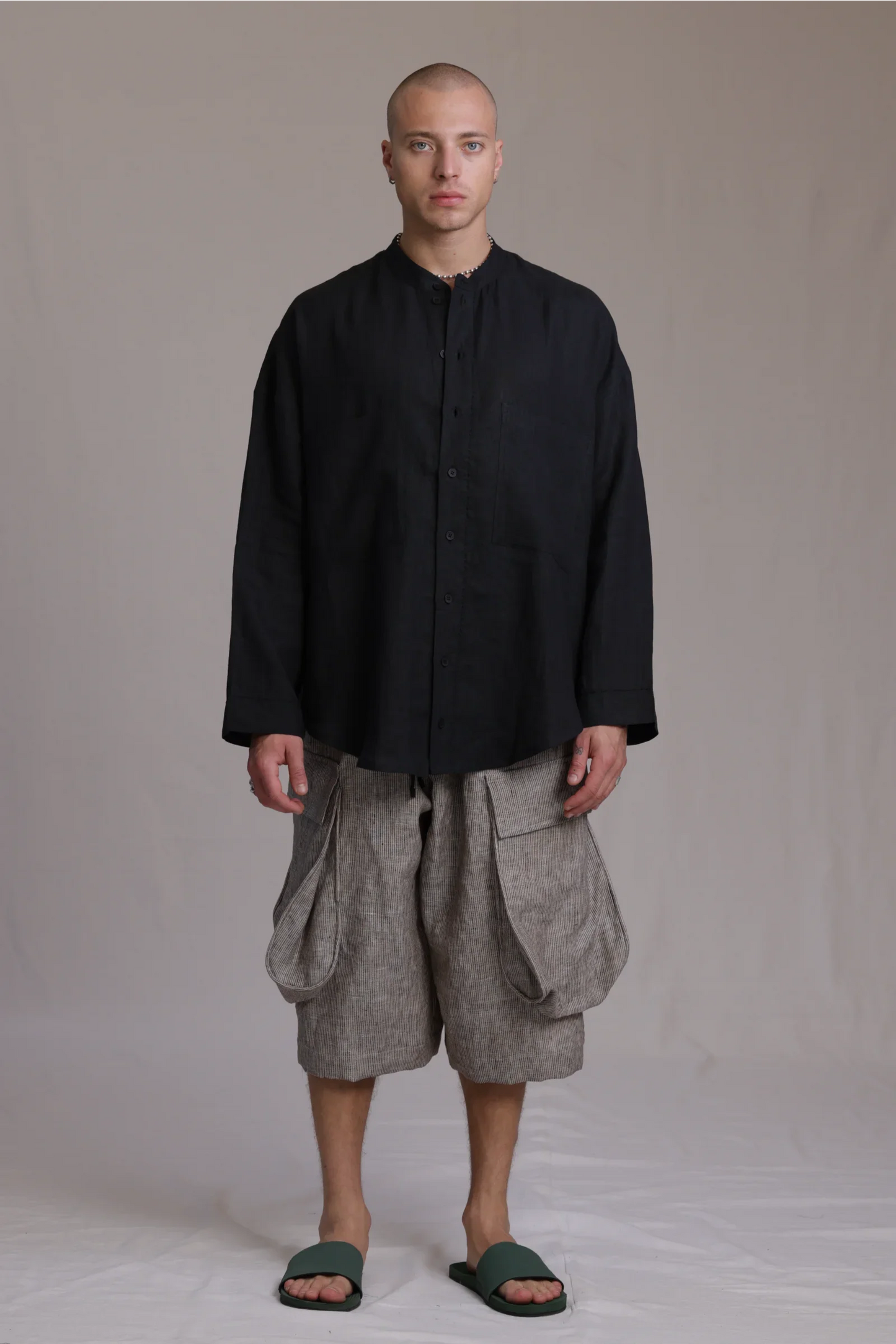 ALBI Hikari Shirt, an oversized linen band collar shirt with tonal hand-stitched detailing