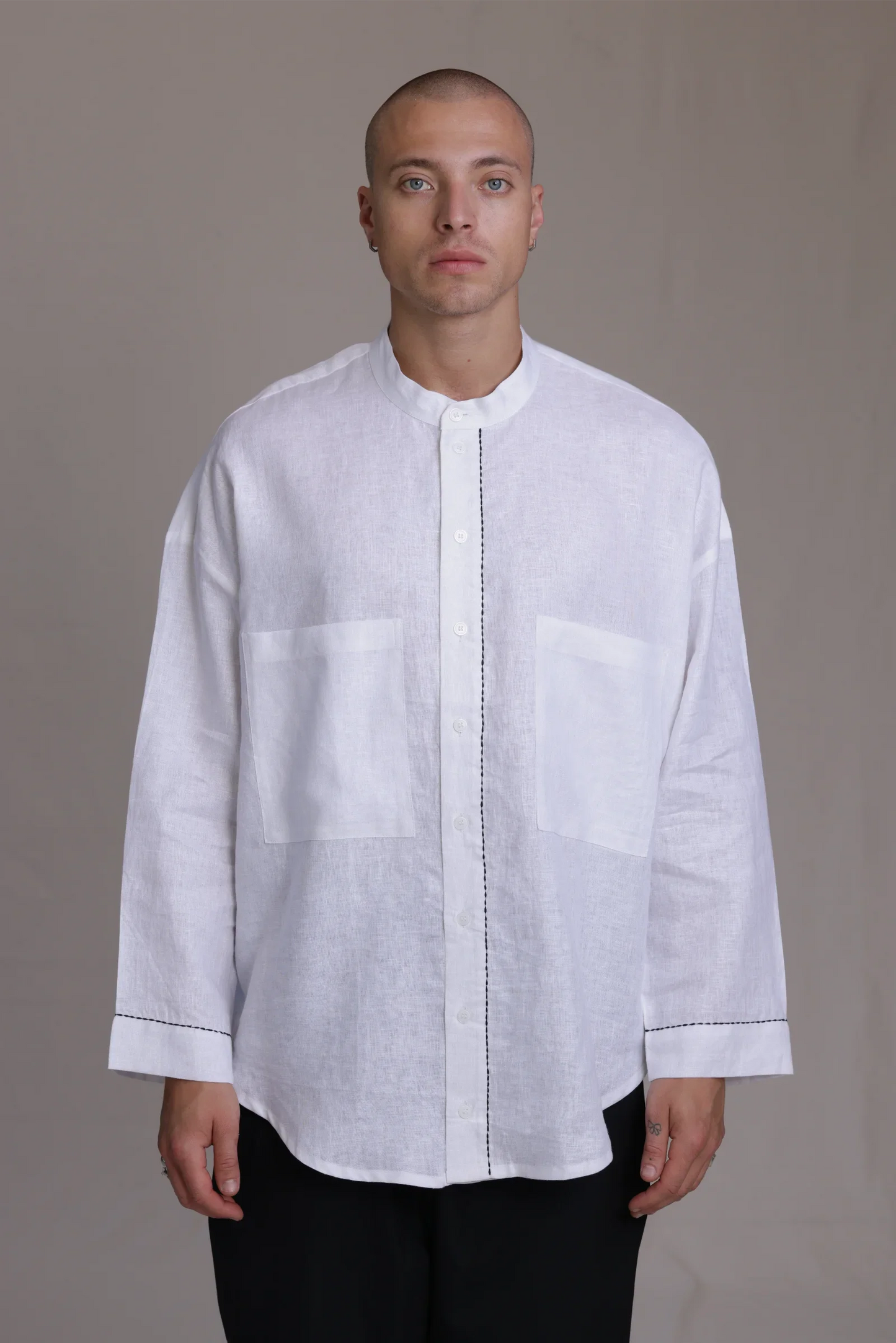 ALBI Nagi Shirt, an oversized linen band collar shirt with hand-stitched detailing