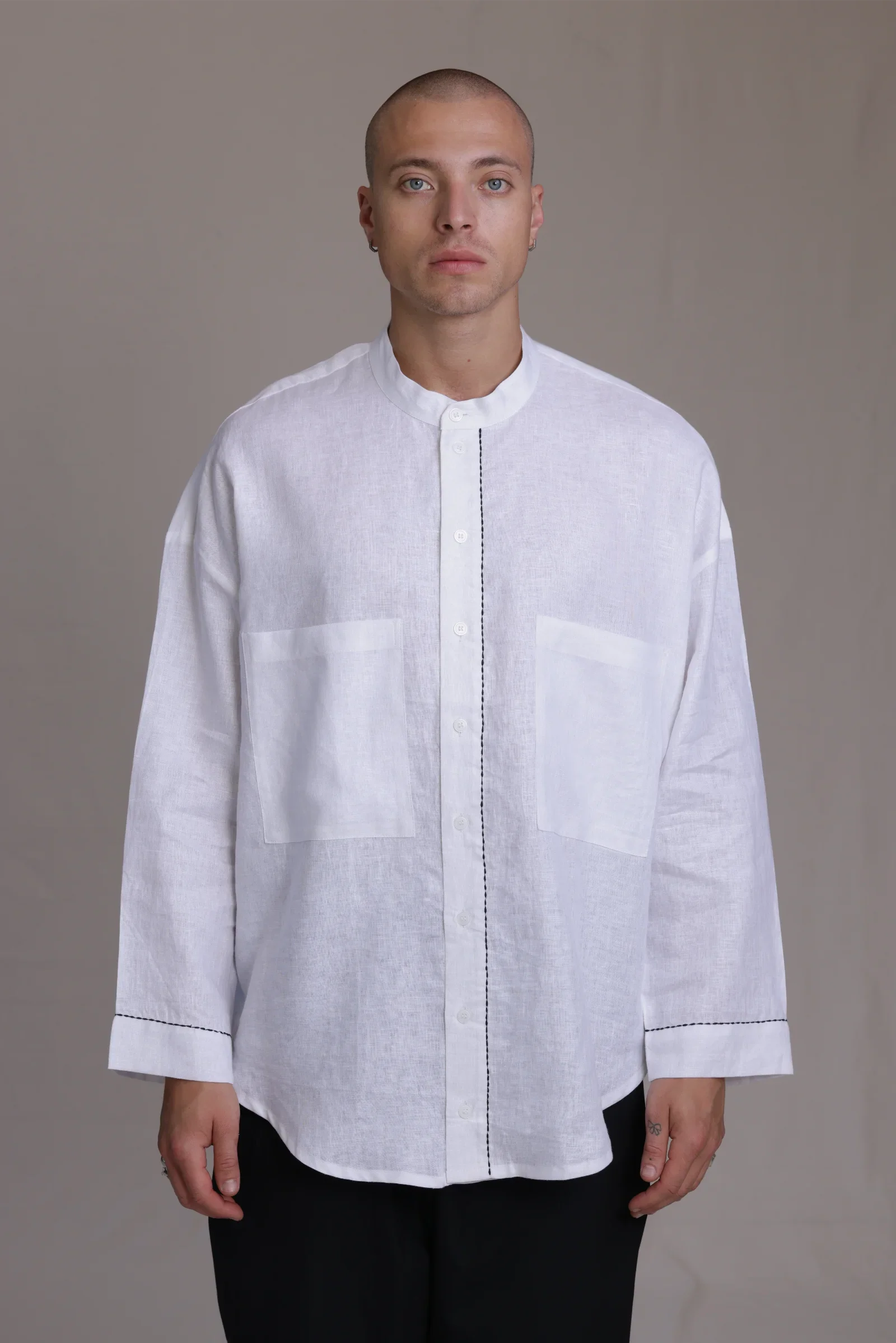 ALBI Nagi Shirt, an oversized linen band collar shirt with hand-stitched detailing