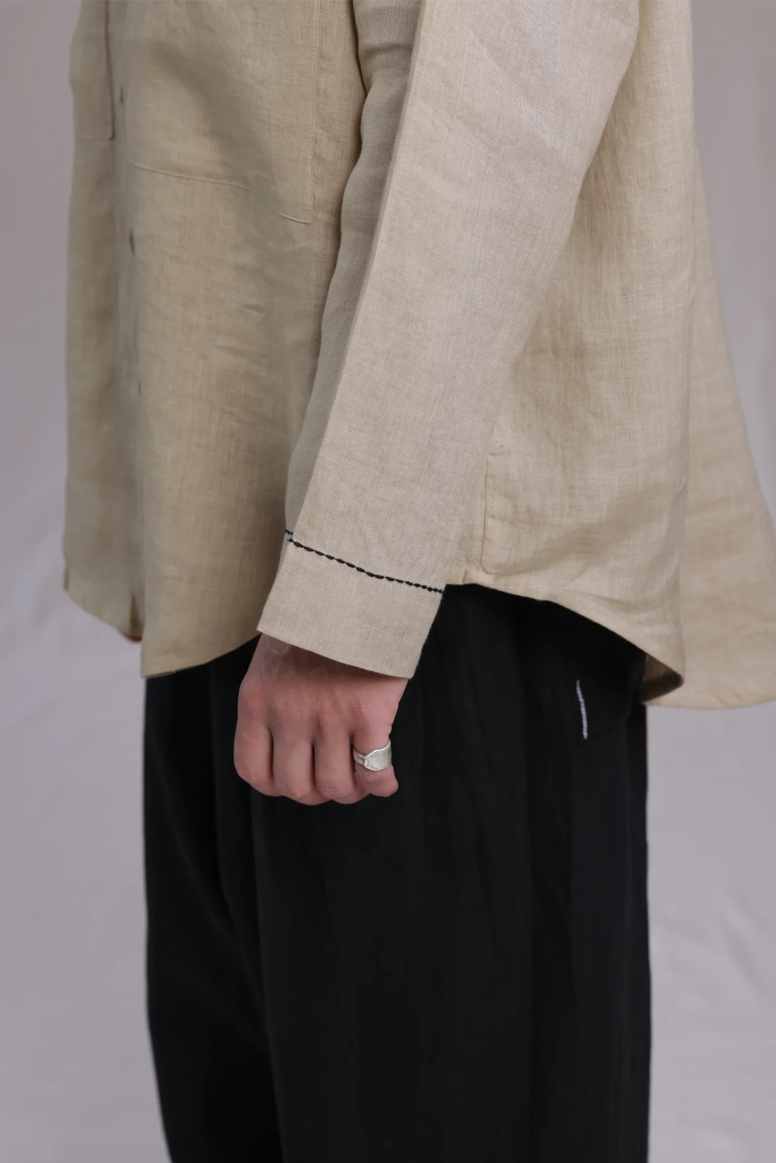 ALBI Nagi Shirt, an oversized linen band collar shirt with hand-stitched detailing