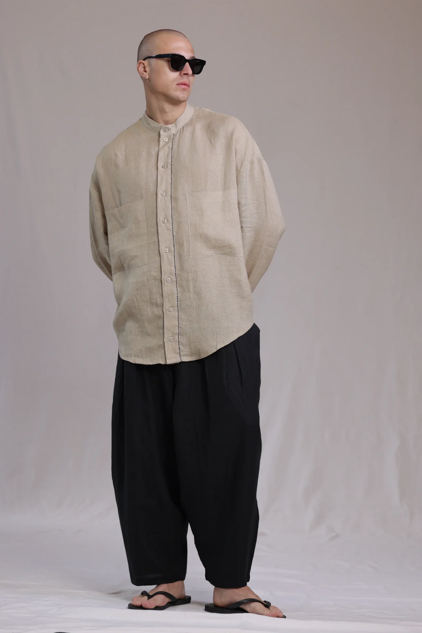 ALBI Nagi Shirt, an oversized linen band collar shirt with hand-stitched detailing