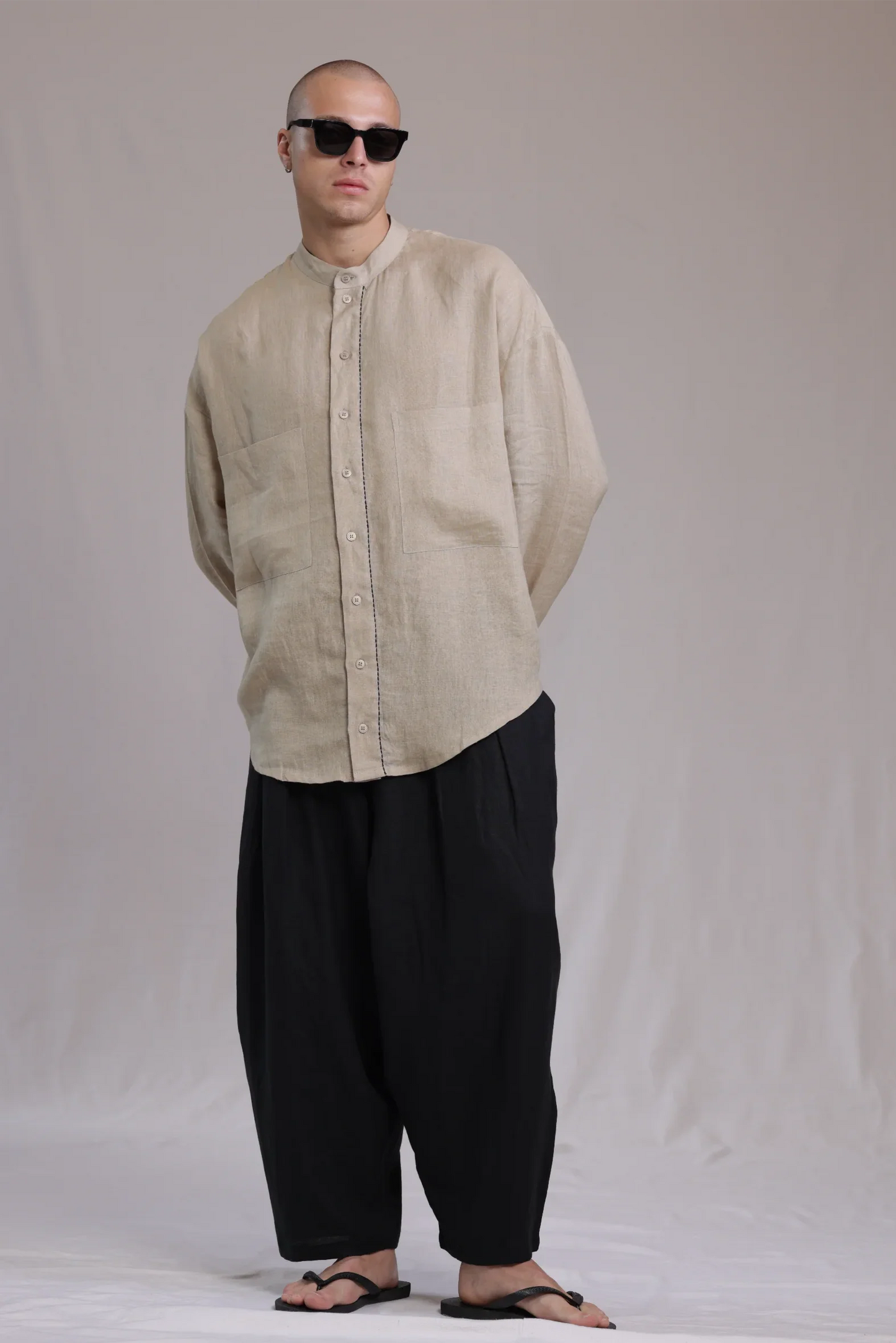 ALBI Iki Pants, oversized pleated linen trousers with hand-stitched flap pockets