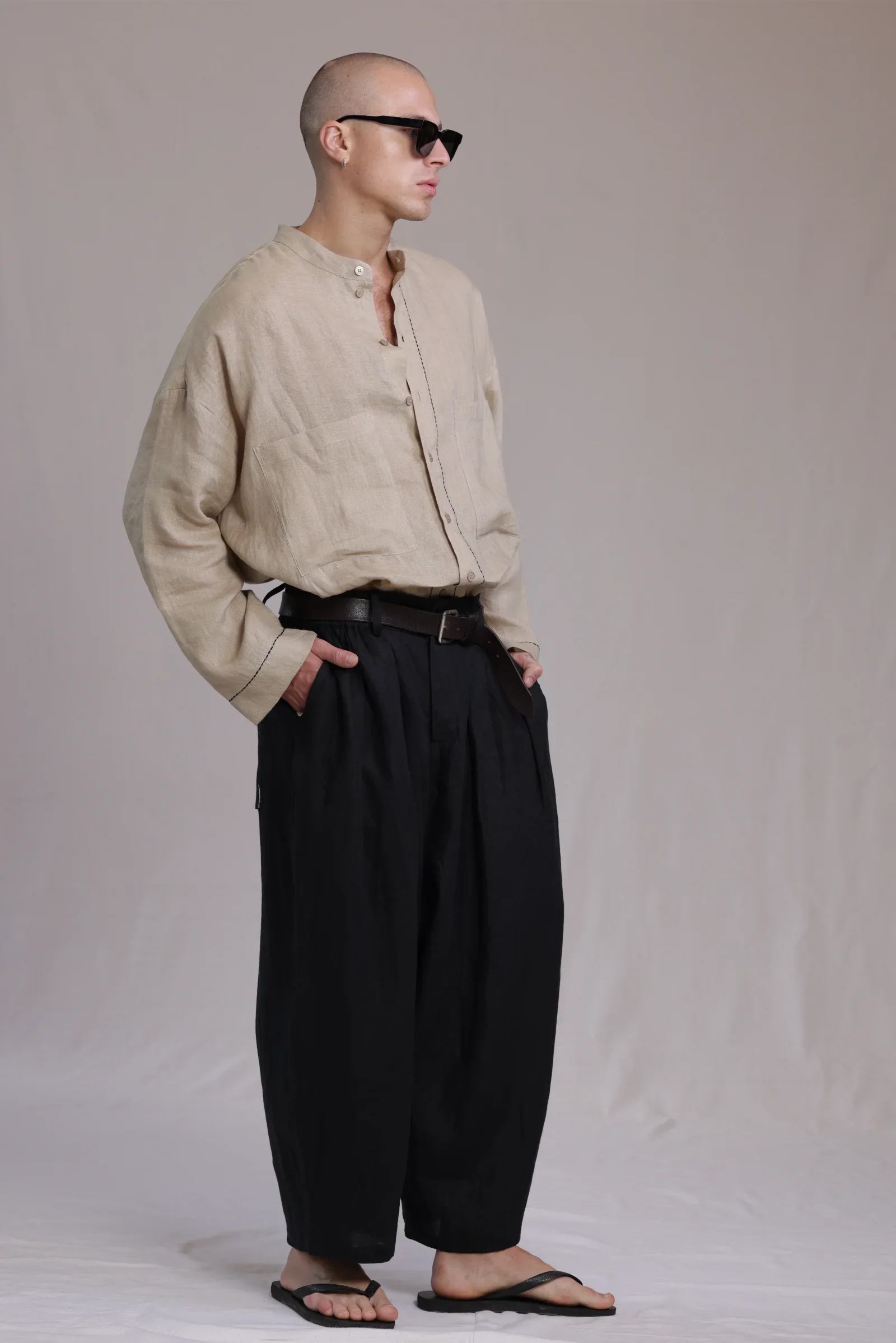 ALBI Nagi Shirt, an oversized linen band collar shirt with hand-stitched detailing