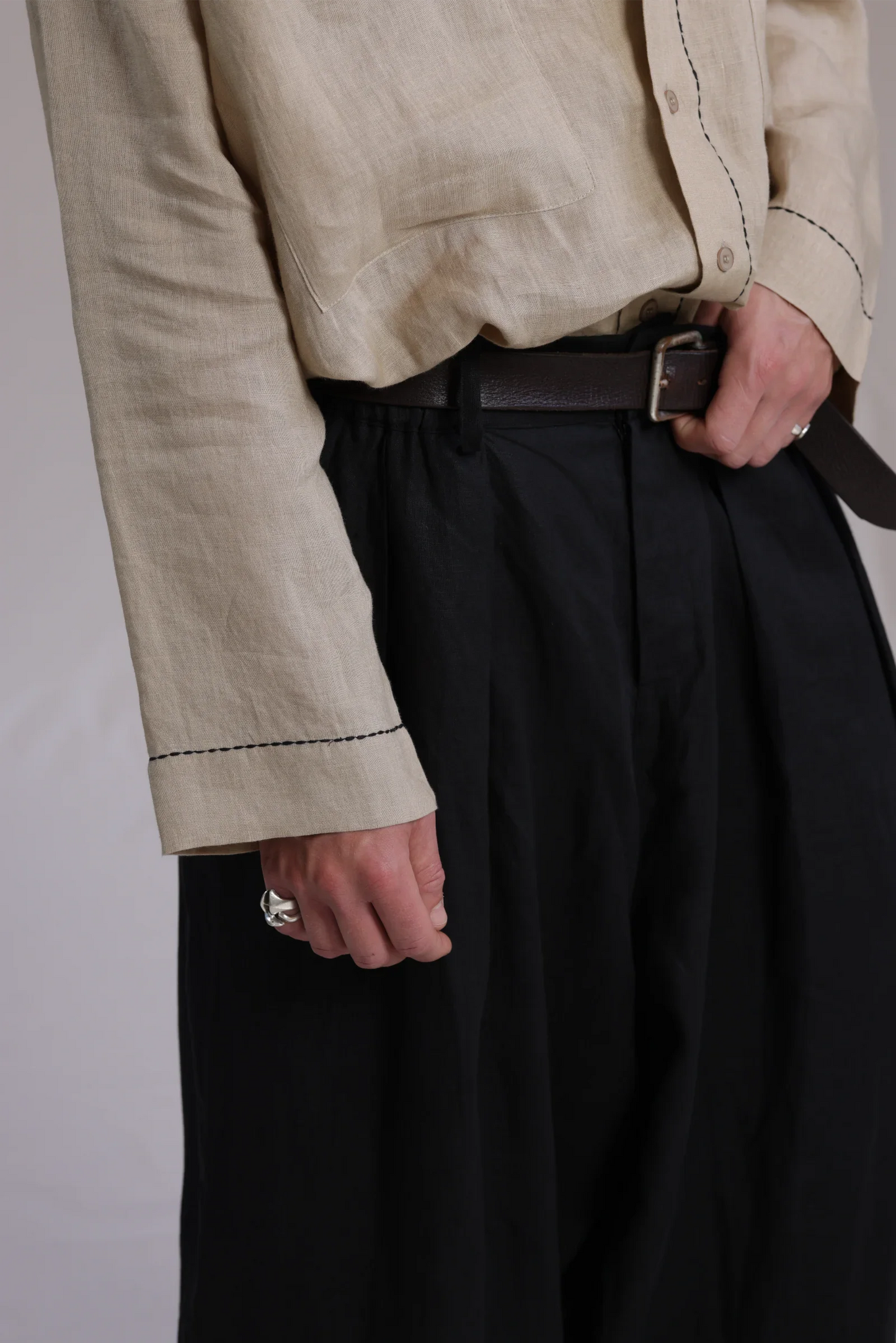 ALBI Iki Pants, oversized pleated linen trousers with hand-stitched flap pockets