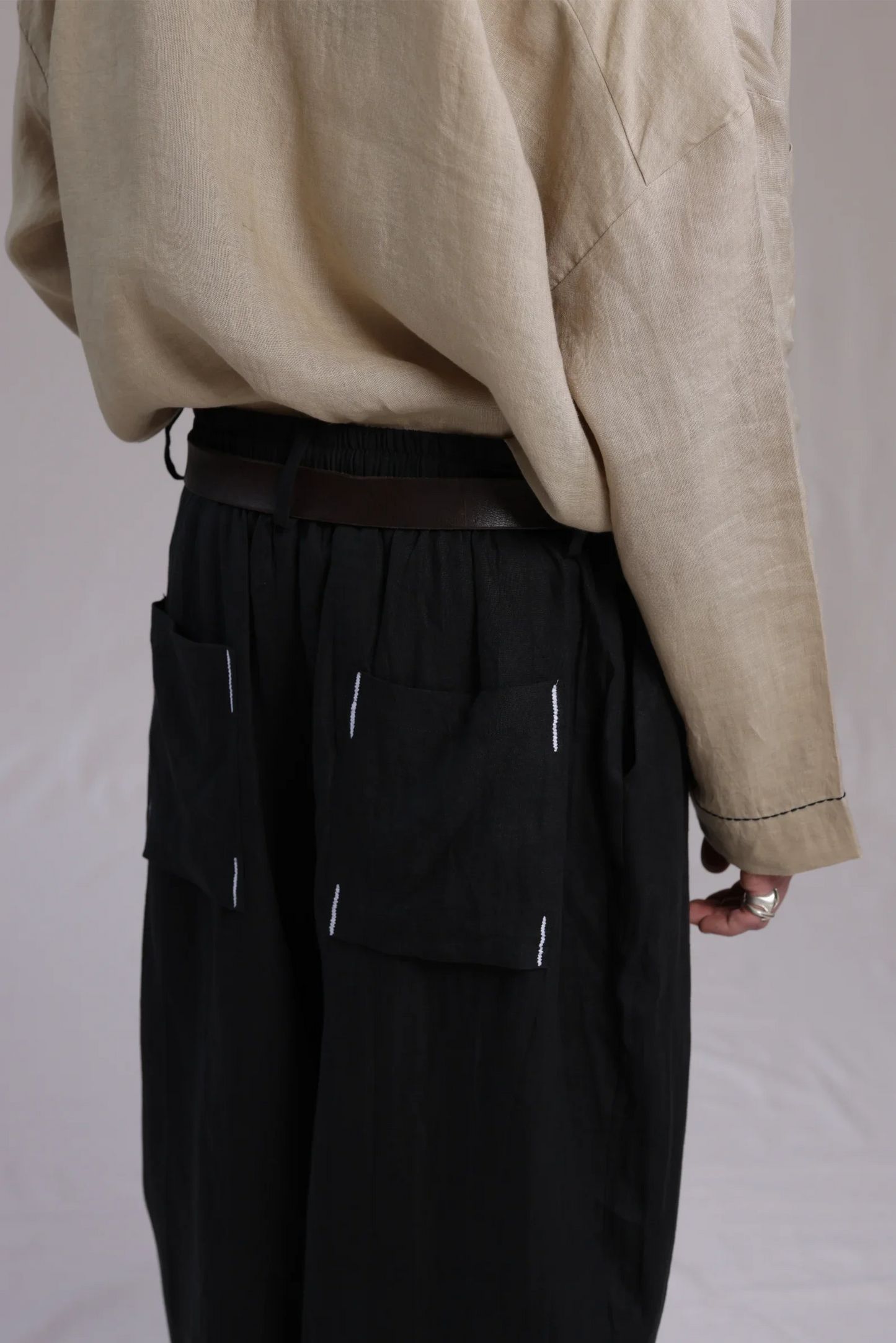 ALBI Iki Pants, oversized pleated linen trousers with hand-stitched flap pockets