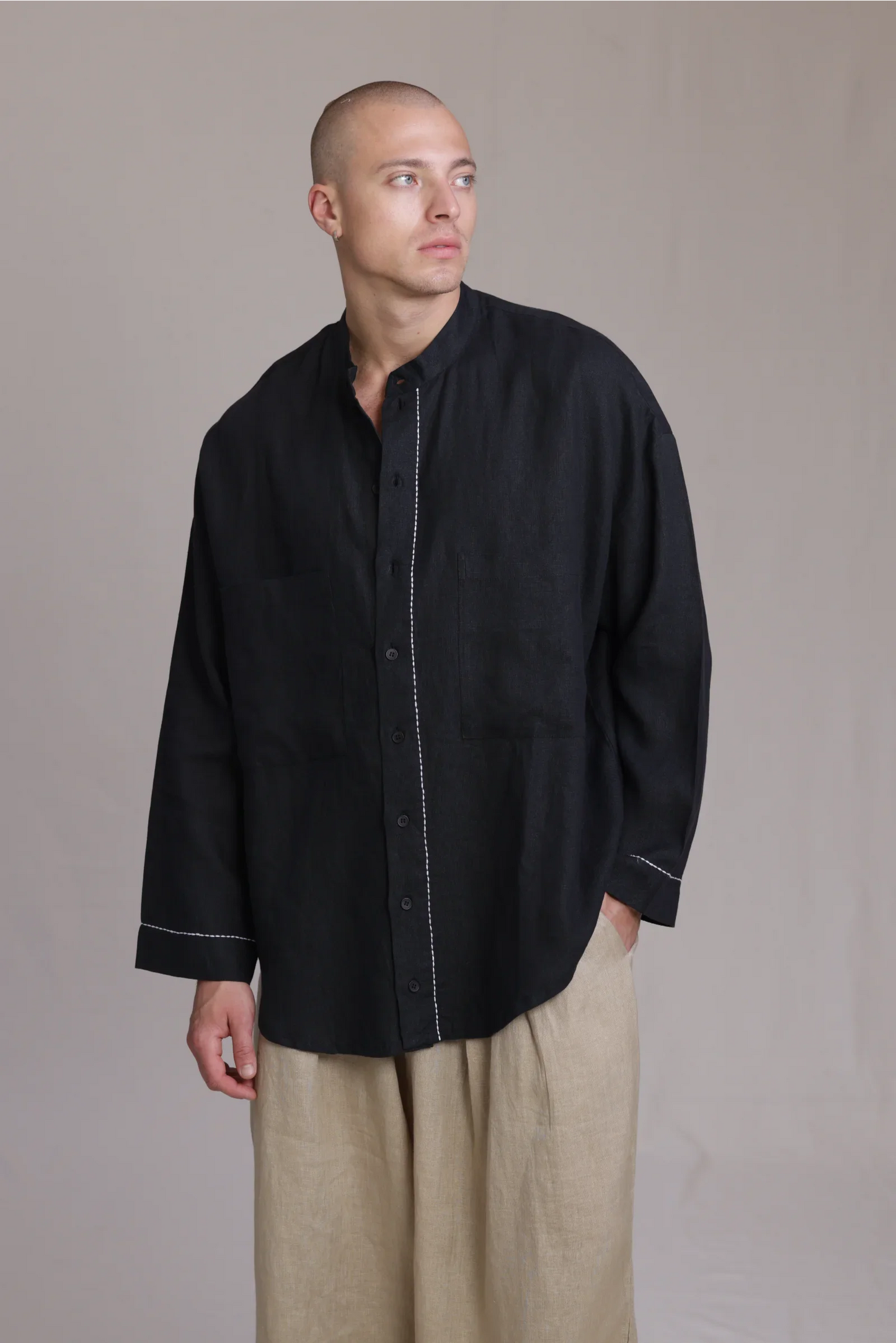 ALBI Nagi Shirt, an oversized linen band collar shirt with hand-stitched detailing