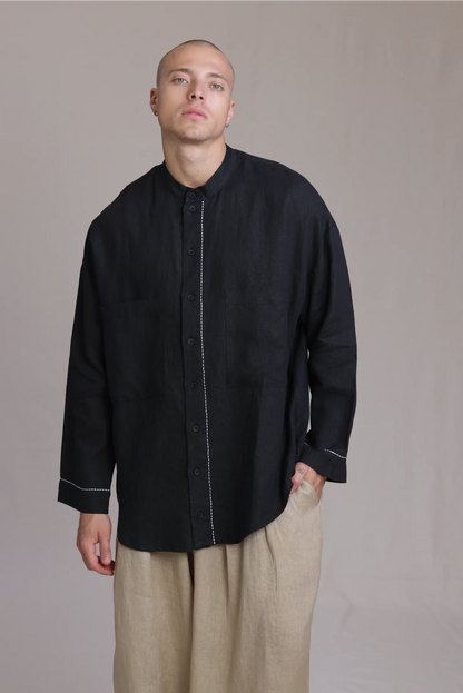 ALBI Nagi Shirt, an oversized linen band collar shirt with hand-stitched detailing