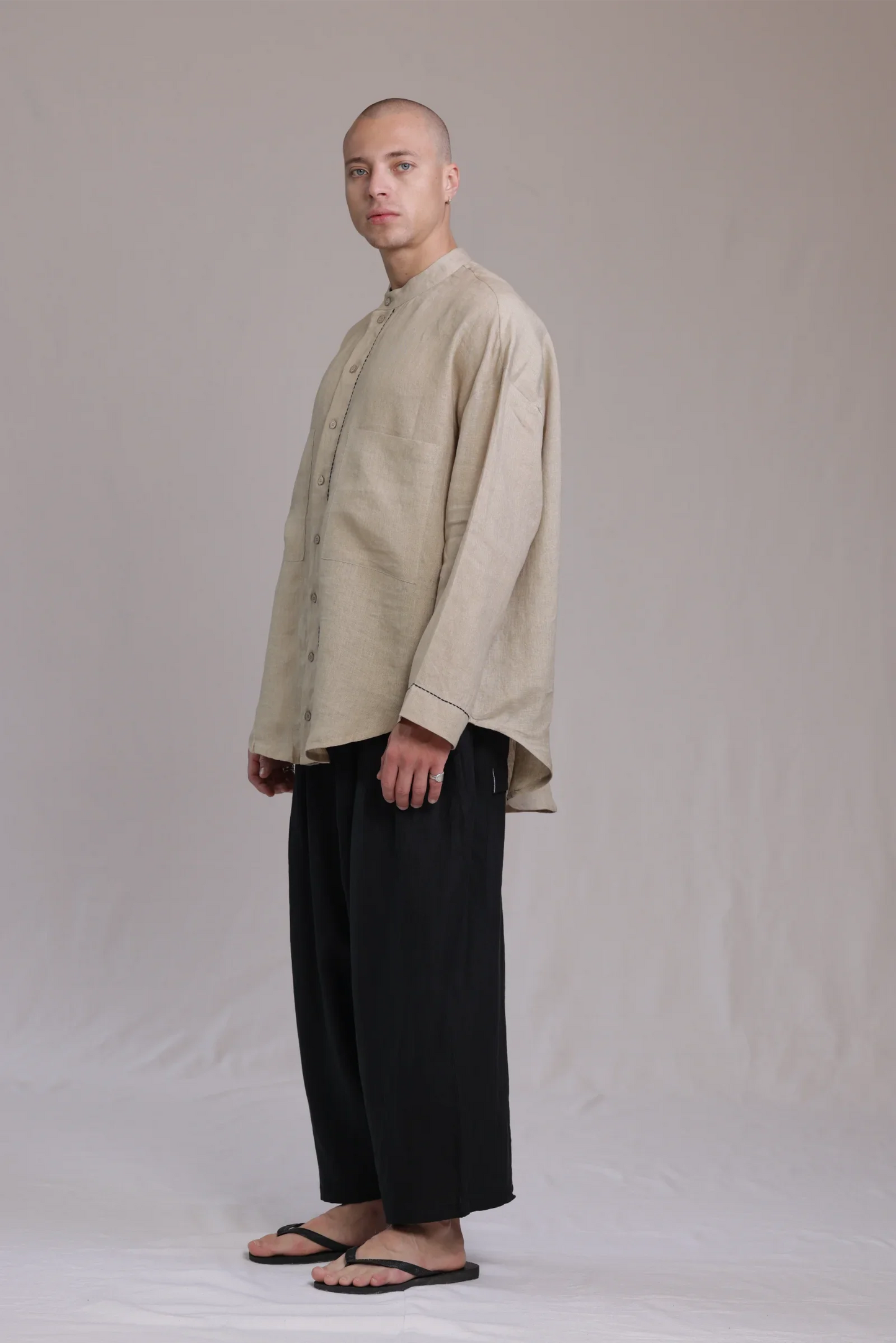 ALBI Nagi Shirt, an oversized linen band collar shirt with hand-stitched detailing
