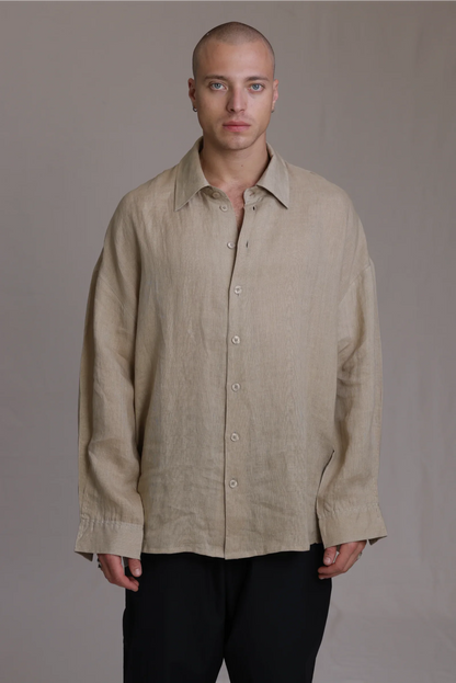 ALBI Toki Shirt, an oversized linen shirt with a classic collar and tonal hand-stitched detailing