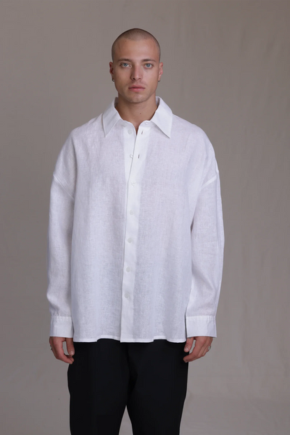 ALBI Toki Shirt, an oversized linen shirt with a classic collar and tonal hand-stitched detailing