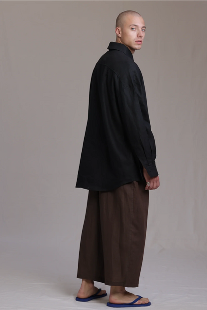 ALBI Toki Shirt, an oversized linen shirt with a classic collar and tonal hand-stitched detailing