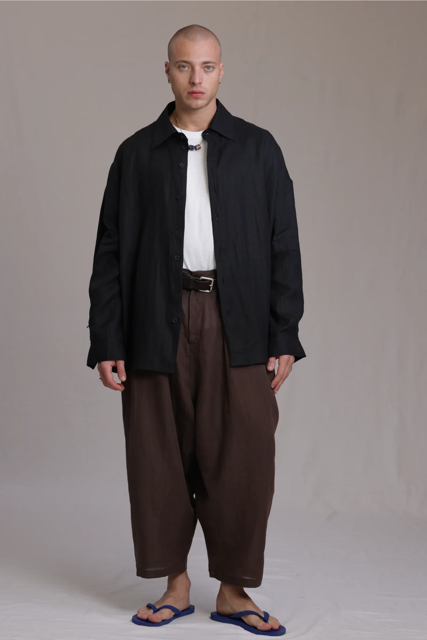 ALBI Toki Shirt, an oversized linen shirt with a classic collar and tonal hand-stitched detailing