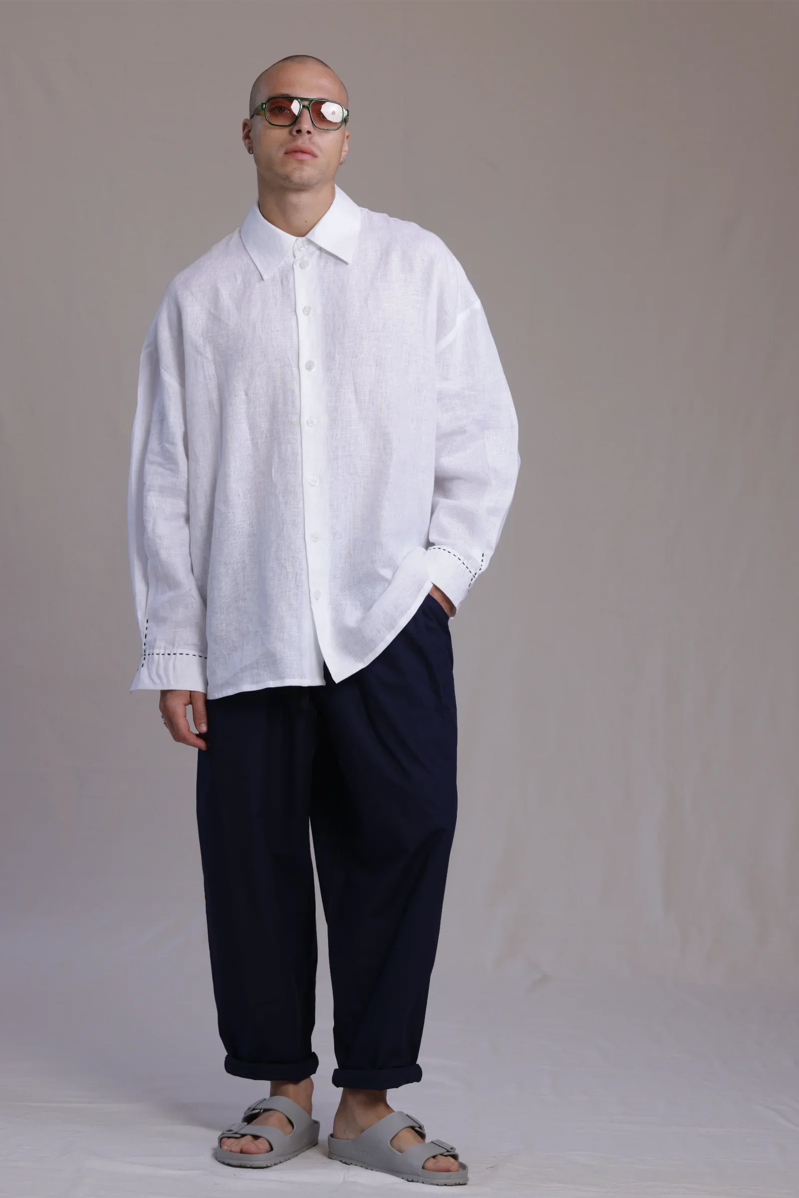 ALBI Kaze Shirt, an oversized linen shirt with a classic collar and bold hand-stitched detailing