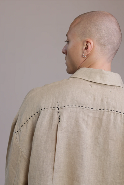 ALBI Kaze Shirt, an oversized linen shirt with a classic collar and bold hand-stitched detailing