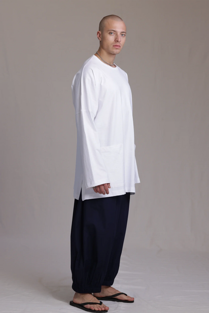 ALBI Tsuki Shirt, an oversized long sleeve cotton jersey tee with patch pockets and side slits