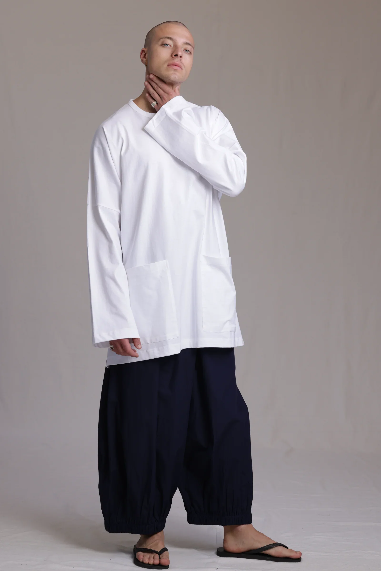 ALBI Tsuki Shirt, an oversized long sleeve cotton jersey tee with patch pockets and side slits