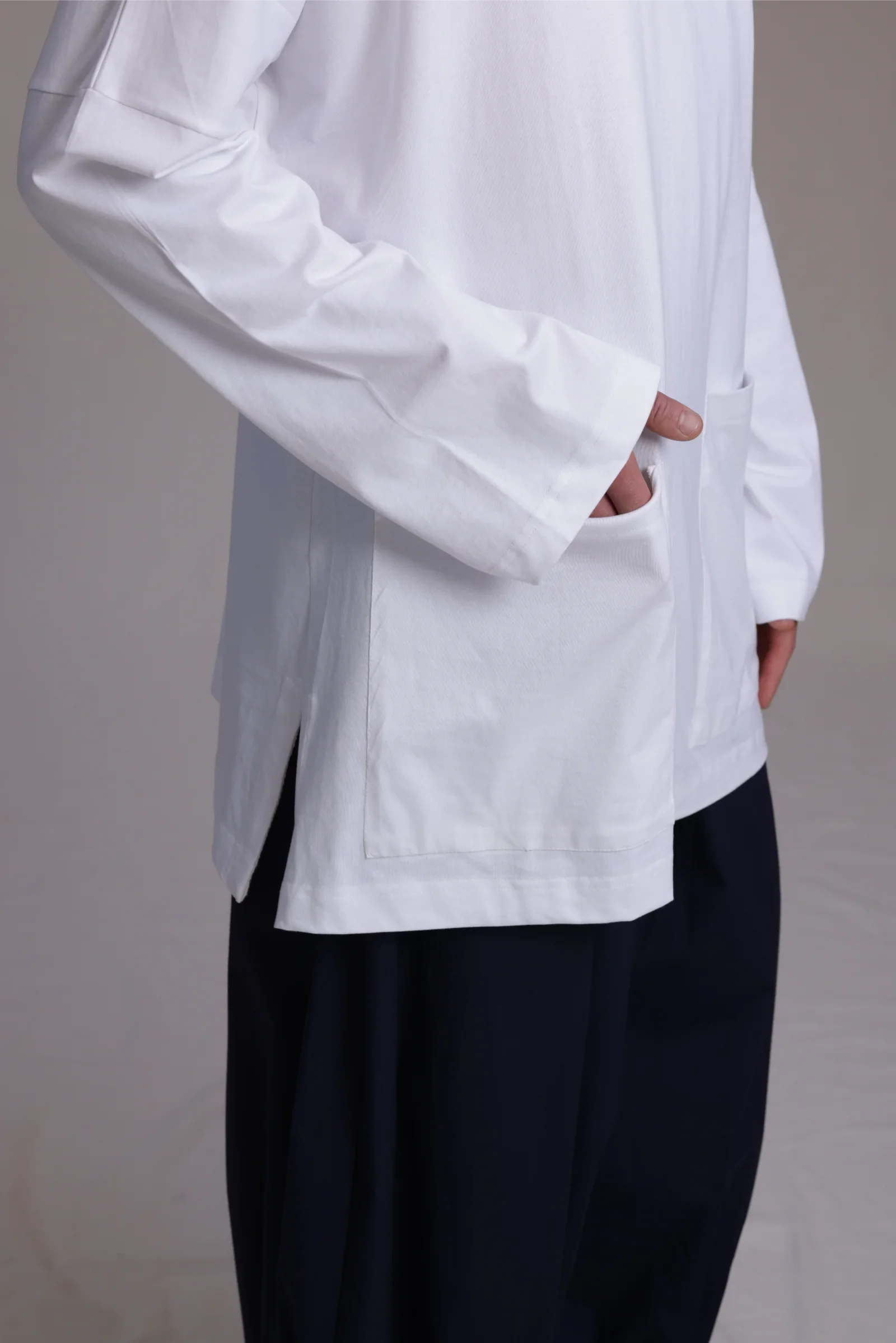 ALBI Tsuki Shirt, an oversized long sleeve cotton jersey tee with patch pockets and side slits