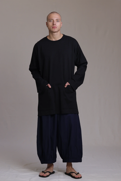 ALBI Tsuki Shirt, an oversized long sleeve cotton jersey tee with patch pockets and side slits